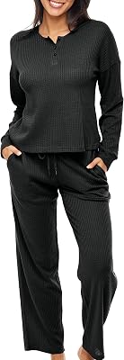 Alexander Del Rossa Womens Ribbed Waffle Rib Knit Henley Pajamas Lounge Set, Long Sleeve Top Pants with Pockets, Drawstring