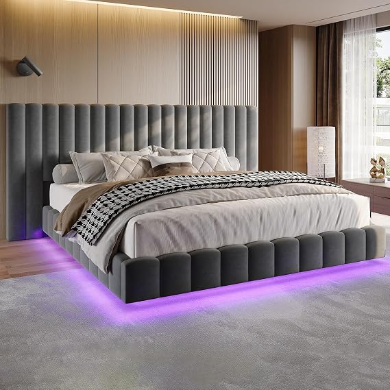 Jocisland King Bed Frame with 100" Wide Velvet Upholstered Headboard, Gray
