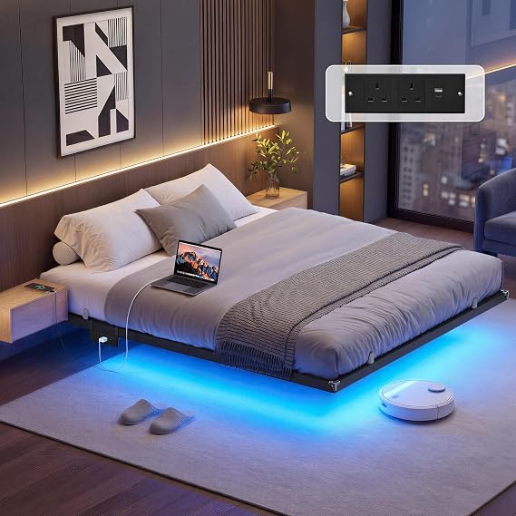VASAGLE King Floating Bed Frame 150 x 200 cm, Platform Bed with LED Lights and Movable Charging Station, 2 AC Outlets, 1 USB-A Port, 1 USB-C Port, Supports up to 500 kg, Ink Black RMB177B101