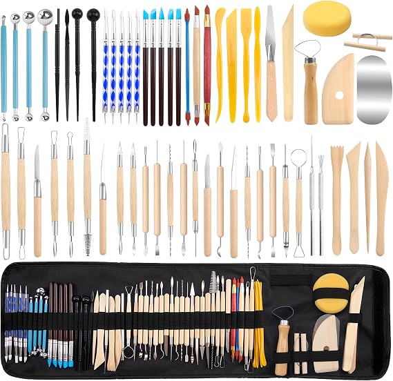 Pottery Clay Sculpting Tools Set, 61 Pcs Double Sided Ergonomically Designed Pottery Trimming Tools with Hardened Rustproof Metal Head and Carrying Case for Beginners, Professionals, School Students