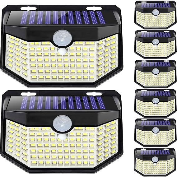 HMCITY 120 LED Outdoor Solar Lights with Motion Sensor and 3 Lighting Modes, IP65 Waterproof Wide Solar Wall Lights Ideal for Garden Patio Yard (Front Button 8Packs, Black Shell-Daylight White)