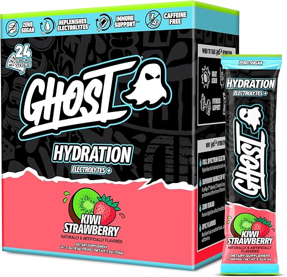 GHOST Hydration Sticks, 24 Electrolyte Powder Packets, Kiwi Strawberry