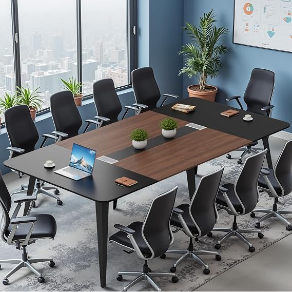 Furmax 8FT Conference Table, 94.48 Meeting Seminar Table with Cable Grommets, Boardroom Table Workstation for Meeting Room, Office Conference (Black & Walnut)