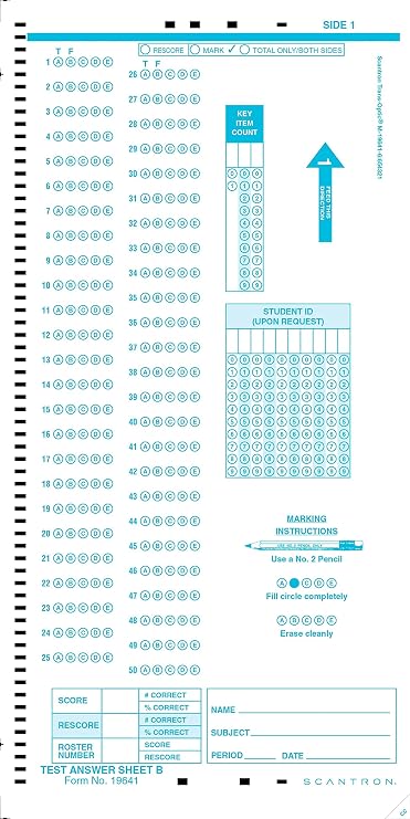 SCANTRON 19641 Answer Sheet B, 500 Pack, 5.5 x 11 Inch, 2-Sided 100 Questions, 5 Response Choices, Sentry 2050 Compatible, White