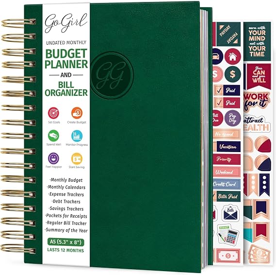 GoGirl Budget Planner & Monthly Bill Organizer with Pockets, Dark Green