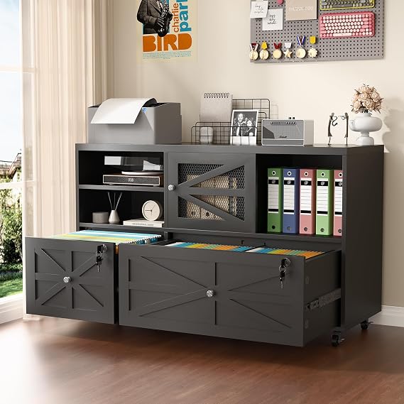 2 Drawer Farmhouse File Cabinet with Lock, Mobile Lateral Filing Cabinet for Letter/Legal/A4 Size, Open Storage Adjustable Shelf for Home Office Cabinets, Black