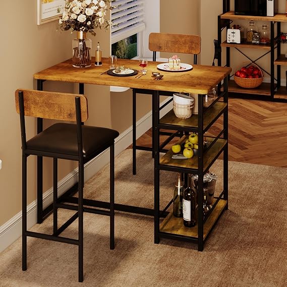Bar Table and Chair Set with 3 Shelves, 2 Upholstered Stools, Vintage | Small 2-Person Dining Set, Backrest Stools, for Restaurants & Bistros