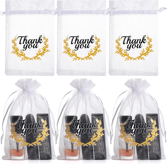 Hopttreely Small Thank You Organza Bags, Wedding Favor with Drawstring, 4X6 Jewelry Gift Bags for Party, Makeup Favor Bags (White) 100Pcs
