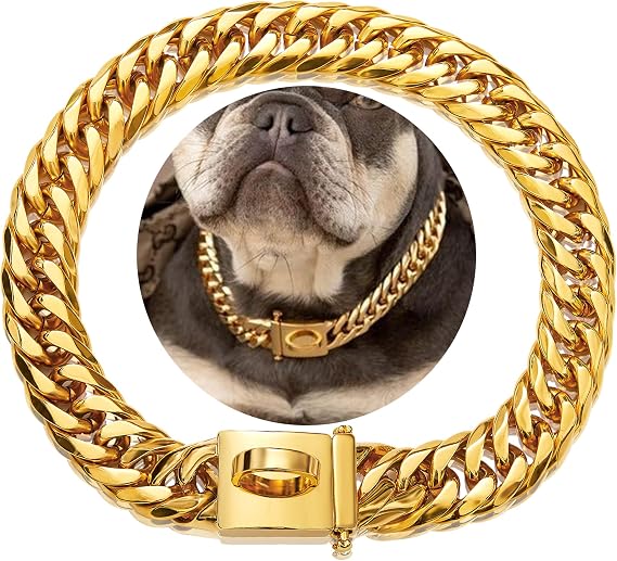Gold Chain Dog Collar 16MM 18K Gold Cuban Link Dog Collar with Secure Snap Buckle Gold Dog Chain Metal Collar for Small Pitbull (16MM, 16")