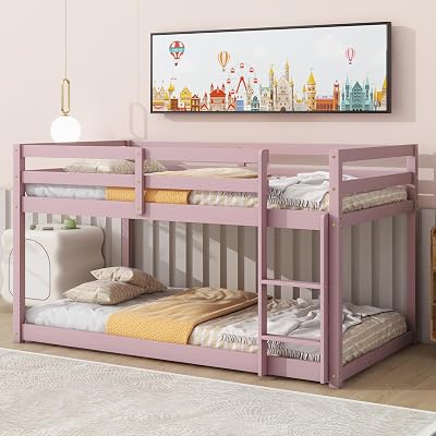 Bunk Bed Twin Over Twin with Ladder & Safety Guard Rails,Solid Wood Bunk Bed Frame for Kids,No Box Spring Needed, Pink