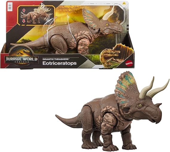 Mattel Jurassic World: The Rebirth Gigantic Thrashers Eotriceratops Dinosaur Toy Figure Large Dinosaur Species with Two Accitable Anger Attacks Digital Game JGB93