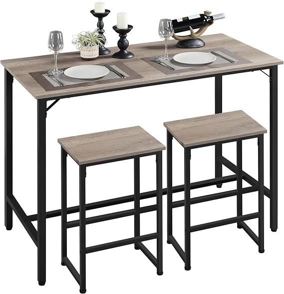Yaheetech Counter Height Table, 47.5" Bar Table and Chairs Set for 2, Gray | Industrial Kitchen Table ,Space Saving High Top Pub Table with Bar Stools for Small Space, Apartment