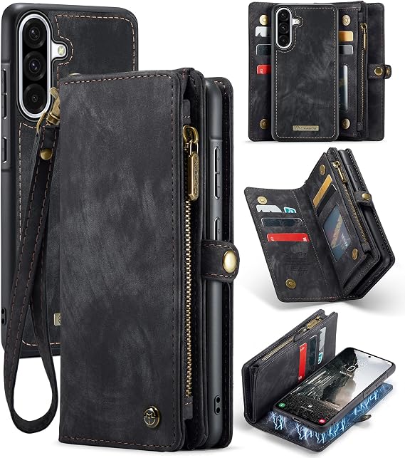 Case Compatible with Samsung Galaxy A36,Genuine Leather Wallet Detachable Magnetic Cell Phone Cover Wireless Charge Zipper Purse RFID Blocking Card Slot Holster (Black, A36)