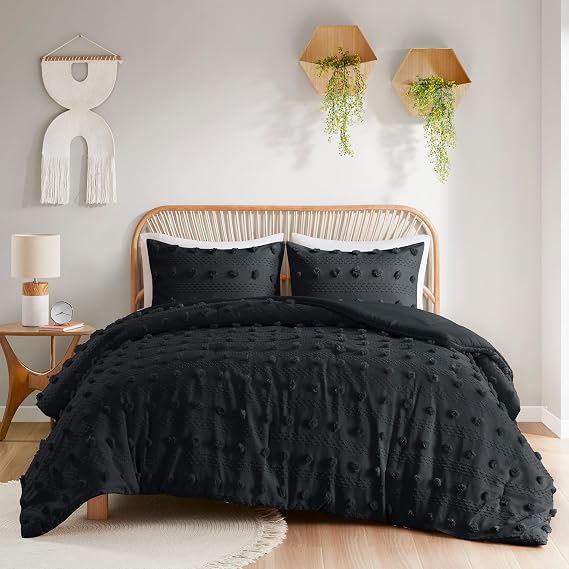 Intelligent Design Twin Comforter Set, Clipped Jacquard Comforter Set Chic Pompom Accent, All Seasons Lightweight & Fluffy Comforter Bed Set with 1 Sham, Lucy, Twin/Twin XL, Black 2 Piece