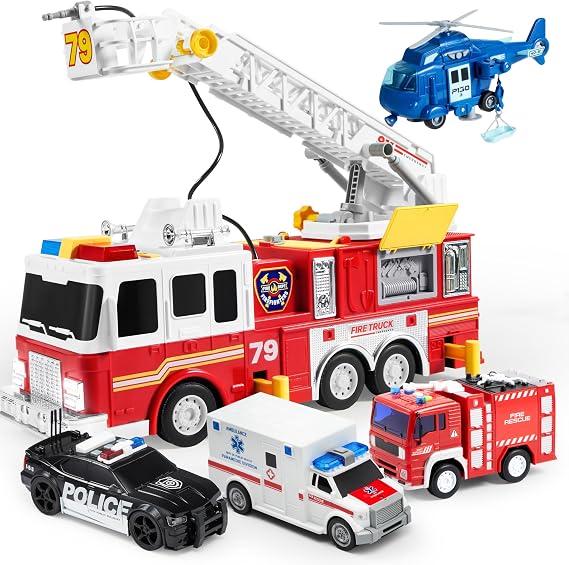 JOYIN Emergency Vehicle Playsets - 33-inch Ladder Fire Truck, Friction Powered Vehicles with Light and Sound, Including Fire Truck, Ambulance, Police Car