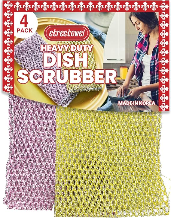 Heavy Duty Dish Scrubber (4PCs) Non Scratch Scourer Cloth Pads and Pot Scrubbers Netted Wash - Replace Kitchen Sponges for Dishwashing No Odor dishwash Durable Pan Cleaner