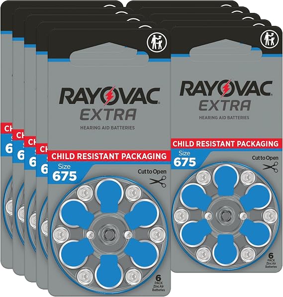 Rayovac Extra hearing aid batteries size 675. Long-lasting mercury-free zinc-air hearing aid batteries - 1.45v. (60 batteries)