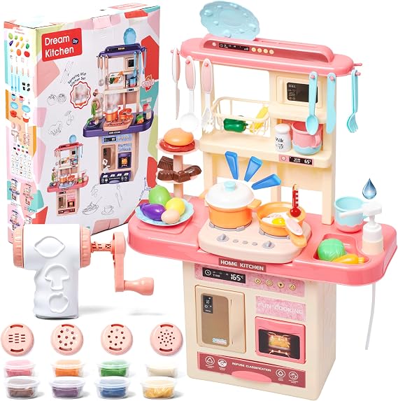 Prextex Plastic Pretend Play Kitchen Set - Multi-Color Kitchen Playset with Dishwasher and Oven - Stove with Lights and Sounds - Working Faucet with Water Circulation