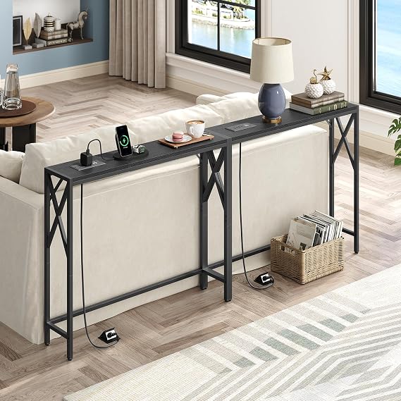 MAHANCRIS 70.8'' Narrow Sofa Table with Charging Station, 2 Pack Skinny Console Table, Long Entryway Hallway Couch Table with Power Outlets, Black CTBK152E01S2