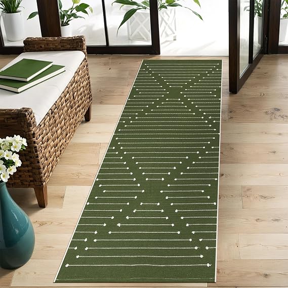LIVEBOX Green Runner Rug 2'x6' Boho Washable Rug for Hallway, Moroccan Woven Entryway Throw Area Rug Indoor Cotton Mat for Kitchen Bedroom Laundry Bathroom Entry