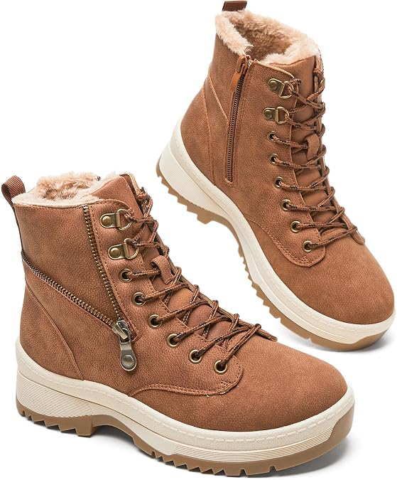 Adokoo Boots for Women Waterproof Fall Winter Ankle Boots Snow Platform Black Boots with Side Zipper Lace Up Non Slip for Hiking Work