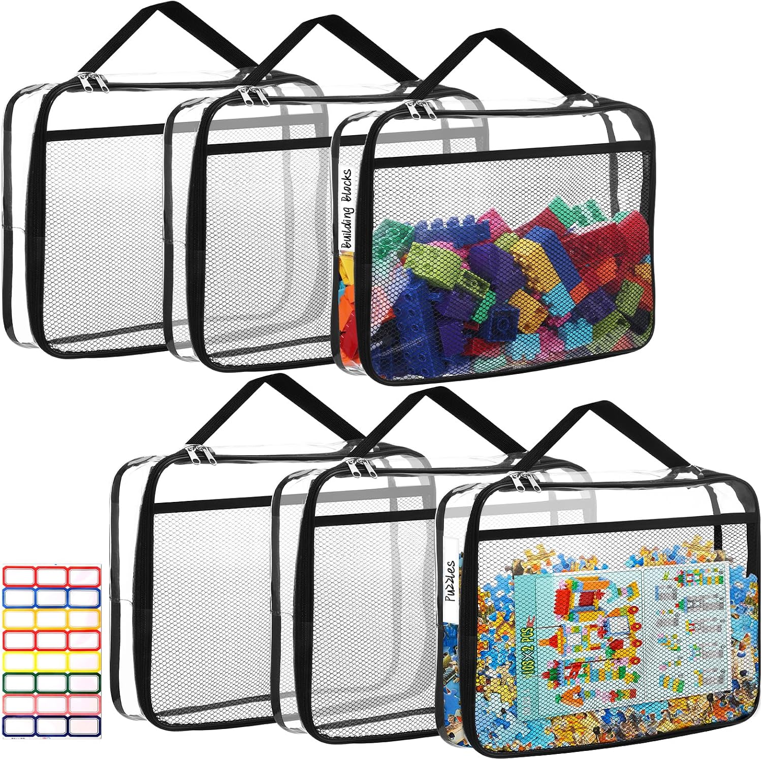 6 Packs Large Toy Storage Bags with Zipper & Mesh Pocket, Reusable Clear PVC Board Game Storage, Travel Waterproof Organizer Bags with Zipper for Building Blocks, Puzzle, Books, 14.56x11.02x3.15inch