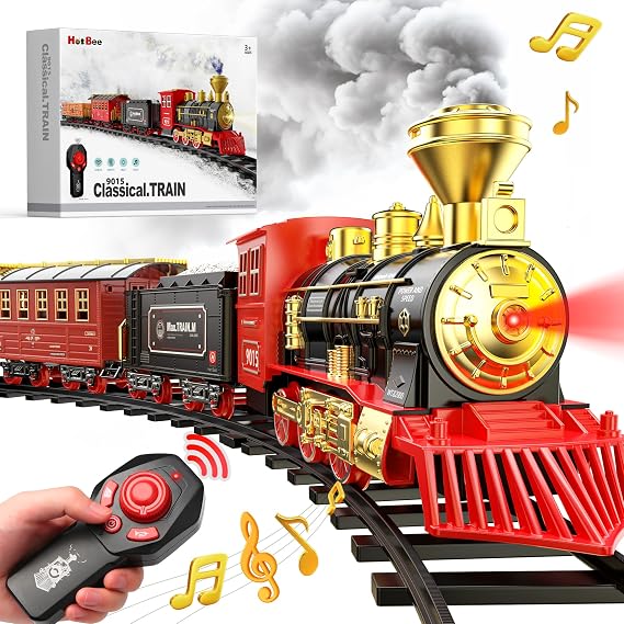 Hot Bee Train Set, Remote Control Train Toys with Smoke, Lights and Sound