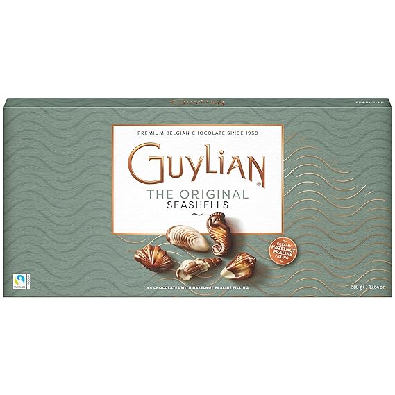 Belgian Chocolate Seashells, 17.64 oz, 44 pc Original Gourmet Hazelnut Praline Treat by GuyLian, White, Milk & Dark Chocolate Candy Gift Box for Women and Men