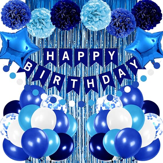 Blue Birthday Party Decorations for Boys Men Happy Birthday Banner Balloons Navy Royal Light Blue Pom Poms Foil Curtain Decor Party Decorations for Baby Boy