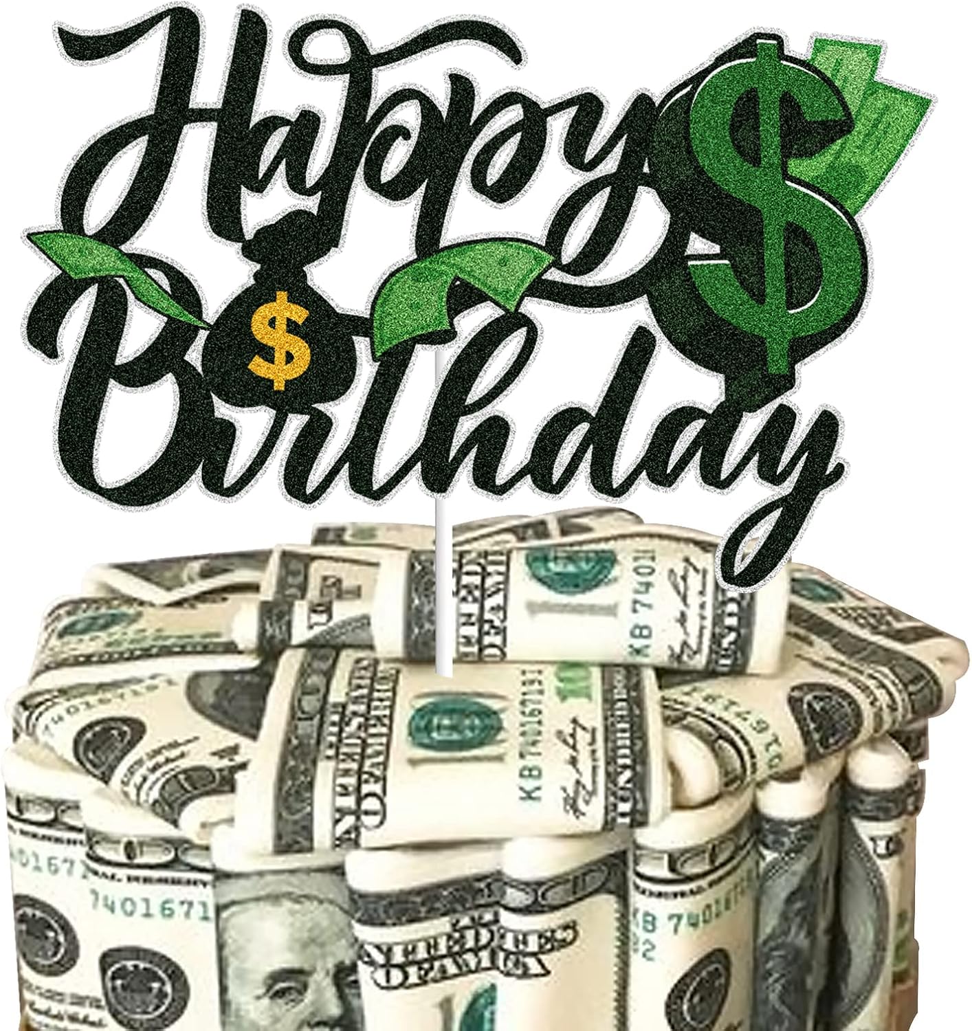 Happy Birthday Cake Topper - Green Glitter Dollar Bill Sign Money Cake Decoration for Dollar Theme Birthday Party Decor Supplies