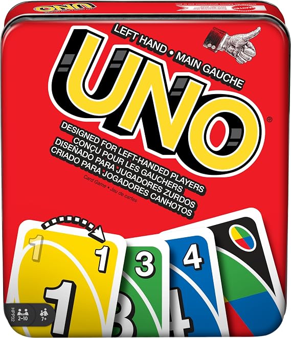 UNO Card Game Family Night with Cards, Specifically Designed for Left Handed Players in Collectible Tin Box