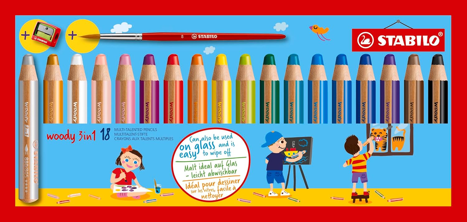 STABILO woody 3 in 1 - Multi Feature Pen - 18 Pack - Various Colors  Sharpener and Painting Brush