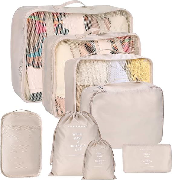 8 Set Packing Cubes for Suitcase, Travel Luggage Packing Organizer with Laundry Bag, Compression Storage Shoe Bag, Clothes Underwear Bag, for Men and Women
