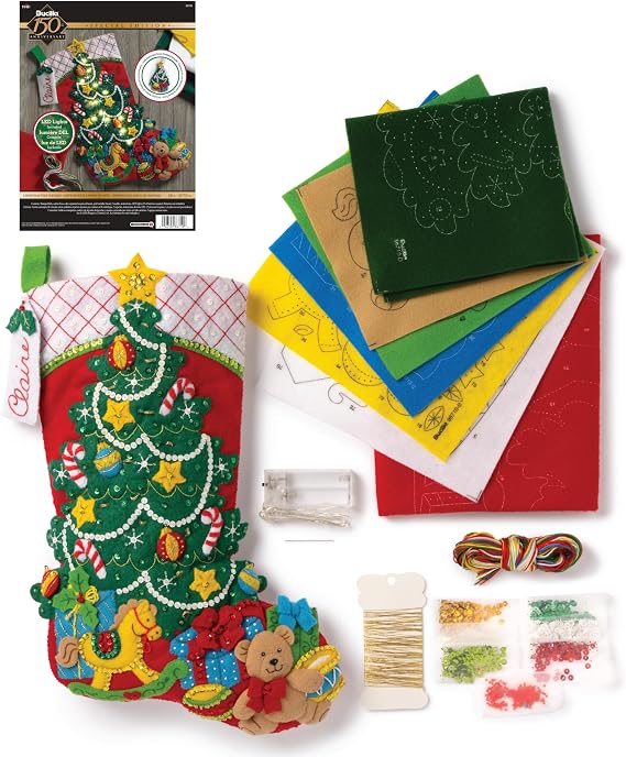 Bucilla Felt Applique 18" Stocking Making Kit with LED Lights, Christmas Tree Surprise, Perfect for DIY Arts and Crafts, 86710