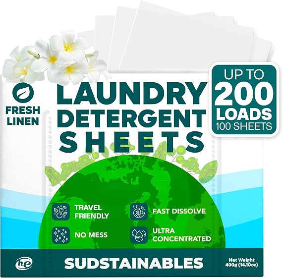Sudstainables Laundry Detergent Sheets, Fresh Linen, 200 Loads | Powerful stain-fighting laundry detergent sheets for HE and standard washers with fresh linen scent.