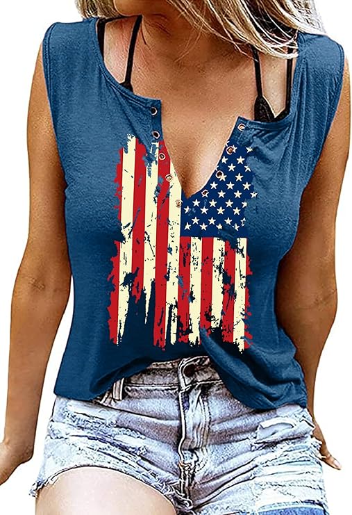MAIHUN American Flag Tank Tops for Women 4th of July Shirts Ring Hole Sleeveless V-Neck T-Shirt Patriotic Tees