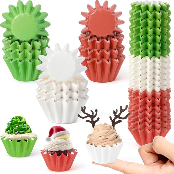 Mini Size Cupcake Liners - 210 Counts Christmas Grease-Resistant Muffin Baking Cups, Bulk Red Green White Disposable Paper Cupcake Candy Wrappers for Xmas Winter Celebration Gathering Party Supplies