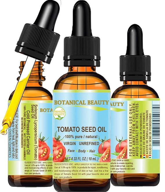 Botanical Beauty TOMATO SEED OIL 100% Pure Natural Virgin Unrefined Cold-pressed Carrier Oil for Face, Skin, Body, Hair, Lip, Nails. Rich in Vitamin E, Lycopene (0.33 Fl Oz)