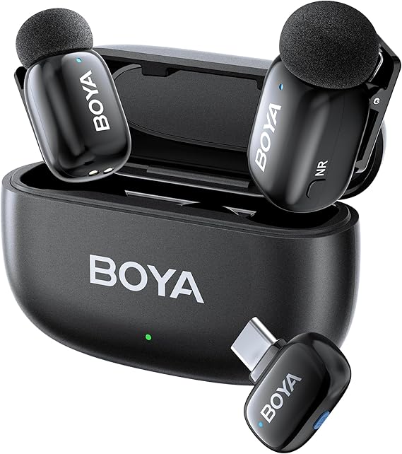 BOYA Mini USB-C Wireless Lavalier Microphone for Andriod iPhone 16/15, Ultra Mini Lapel Mics with AI Voice Switching, Noise Reduction and Charging Case, Metal Clip for TikTok Content Creators