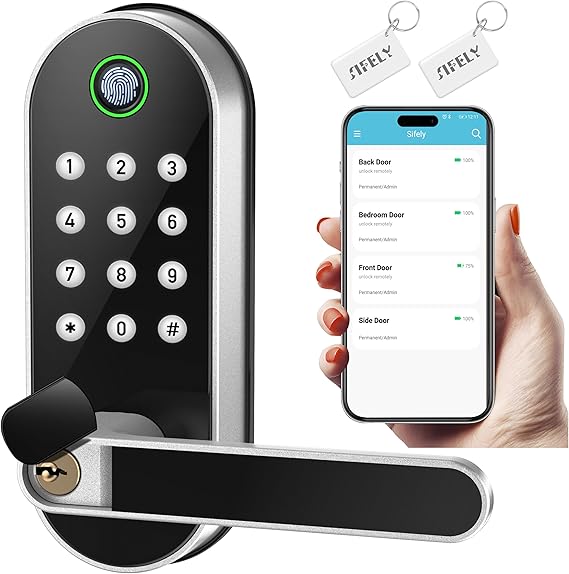 Fingerprint Smart Door Lock with Handle & Keypad No More Lost Keys, Keyless Entry & Remote Access for Home, Kids, Airbnb & Rental Property, DIY Install, Alexa & Google Compatible