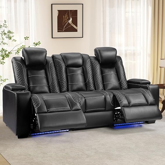 ANJ 3-Seat Power Reclining Sofa, Living Room Home Theater Furniture, Black