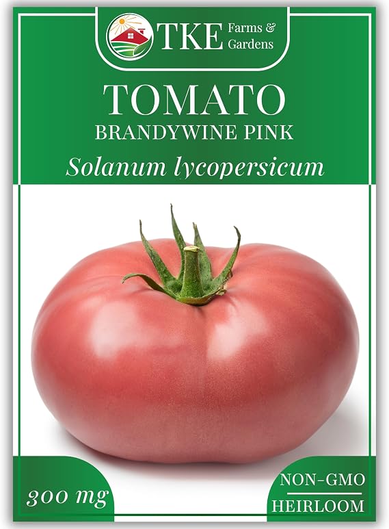 TKE Farms & Gardens - Brandywine Pink Tomato Seeds for Planting, 300 mg, 100 Heirloom Seeds, Non-GMO, indeterminate, Instructions Included, Solanum lycopersicum, Qty 1