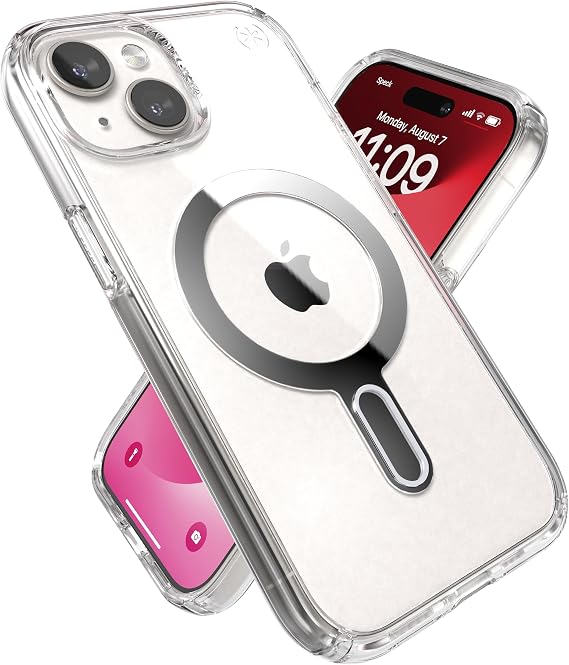 Speck Clear iPhone 17e,15 Case - ClickLock No-Slip Interlock, Built for MagSafe, Drop Protection - for iPhone 15, iPhone 14 & iPhone 13 - Anti-Yellowing 6.1 Inch Phone Case - Presidio Clear/Chrome