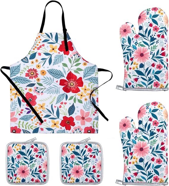 Floral Apron and Oven Mitt Set 5 Piece,Pioneer Woman Style Kitchen Aprons with Pockets, Heat Resistant Oven Gloves and Pot Holders Trivets, Vintage Farmhouse Decor Cooking Baking Gifts.
