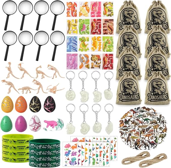 Dino Party Bag Children's Birthday Set Dinosaur Party Toy Birthday Party Gifts with Magnifying Glass Drawstring Bag Luminous Key Ring Eggs