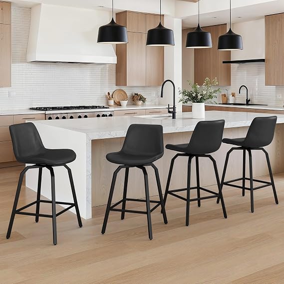 LUE BONA 360 Swivel Bar Stools Set of 4, 26 Inch Counter Height Bar Stools, Modern Faux Leather with Enlarged Seats, Metal Legs for Kitchen Island, Dining, Black