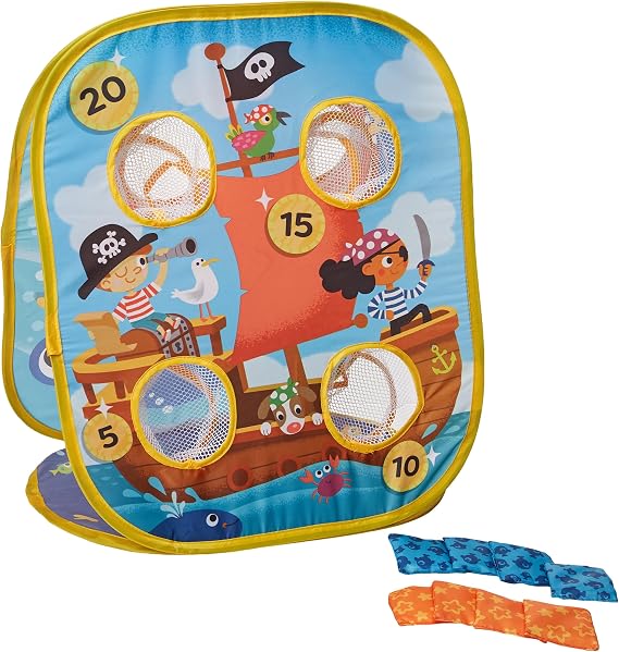B. toys Toss 'n' Score Bean Bag Toss Game, 3-Sided Foldable Set, Summer | Includes 1 toss game, 1 carry bag, and 8 bean bags with pirate ship, sea, and Tic-Tac-Toe play, Summer, 3+ Years
