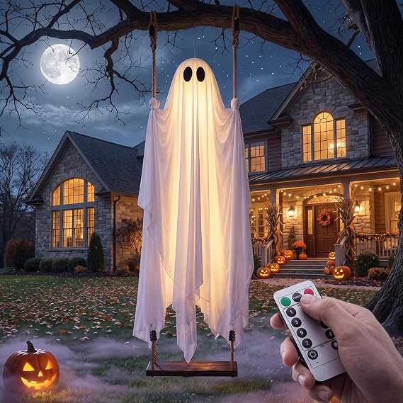 Halloween Decorations Outdoor, 5 FT Hanging Swing Ghost with String Lights, Light Up Large Spooky Cute Decor Kit, Scary Party Decoration for Outside, Garden, Yard, Lawn, Home
