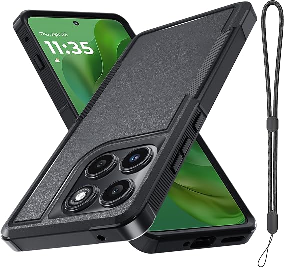 for Motorola Edge 2025 Case, Full Body Heavy Duty Rugged Shockproof Protective Phone Cover with Lanyard Strap, Black Matte