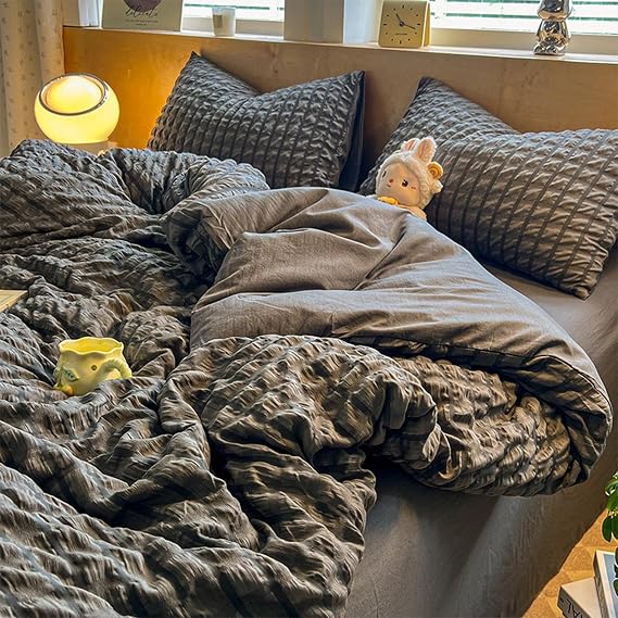 Plaid Washed Cotton Duvet Cover Set, Soft Seersucker Bedding Set 4 Pcs, Breathable Bedding Comforter Cover with Zipper Closure, Include 1 Duvet Cover and 2 Pillow Shams,Gray 1,Twin XL